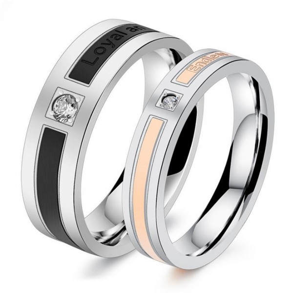 Titanium Silvery Ring For Couples Inlaid Cubic Zirconia Plating Black and Rose Gold Simple and Fashion Style Endless Love Engraved