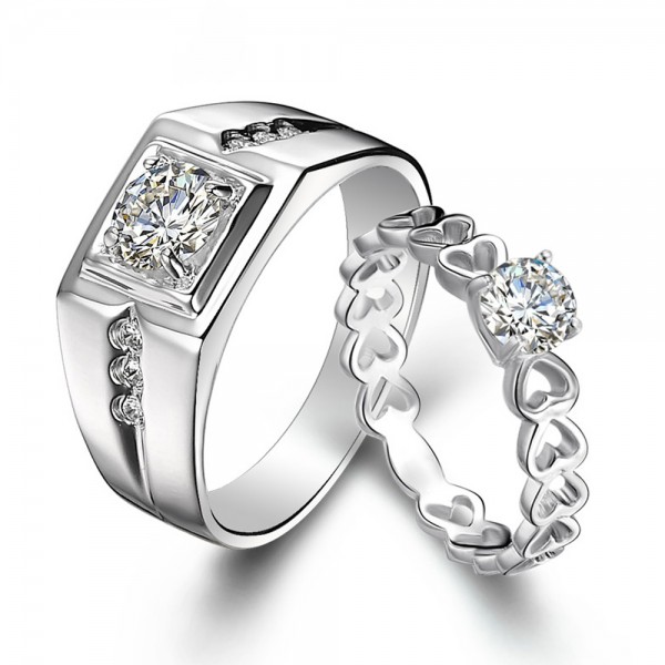 Popular Sterling Silver Cubic Zirconia White Sapphire Silver Rings For Couples