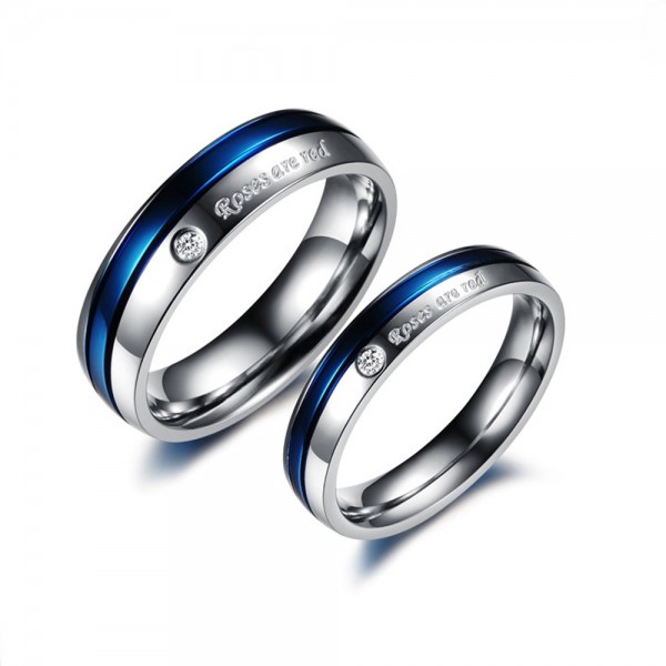 Titanium Silvery and Dark Blue Ring For Couples Inlaid Cubic Zirconia Roses Are Red Engraved Simple and Fashion