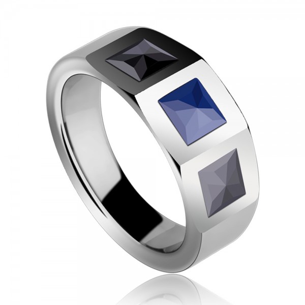 Tungsten Rose Silvery Men's Ring Inlaid Black and Blue Ceramic Vogue and Liberality Style Inner Arc