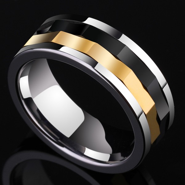 Tungsten Men's Ring Wheel of Time Rotatable Black Silver and Gold