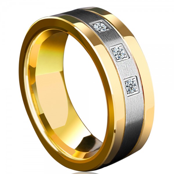 Tungsten Men's Ring Silvery and Gold Cubic Zirconia 18K Gold Plating Craft Noble and Vogue Style 