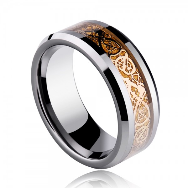 Tungsten Men's Black and Gold Rings Dragon Pattern Cool Charming Style Polish and Gold-plating Craft