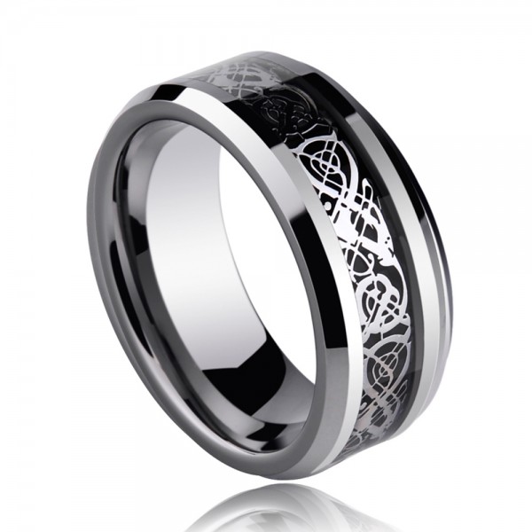 Tungsten Men's Black and Silvery Rings Dragon Pattern Cool Charming Style Polish and Gold-plating Craft