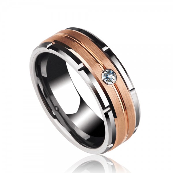 Tungsten Men's Ring Silvery and Rose Gold Inlaid Cubic Zirconia Elegant and Vogue Style