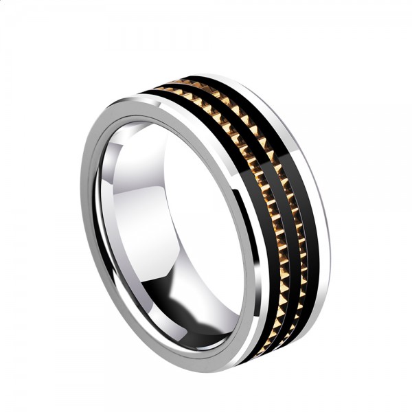 Tungsten Men's Black Silvery and Gold Ring Fashion Wheel Design Strong and Hard Style 