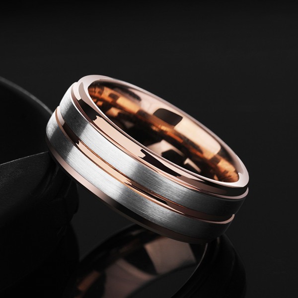 Tungsten Men's Silvery and Rose Gold Ring Semi-glossy Simple and Fashion Style For Business Elite