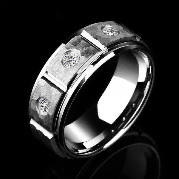 Tungsten Men's Silvery Ring Inlaid Cubic Zirconia Fashion Hale and Hearty Style Dull Polish Craft