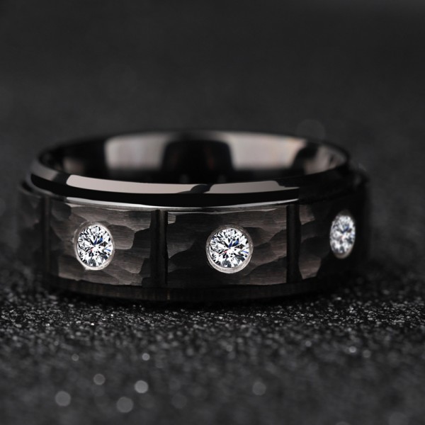 Tungsten Men's Black Ring Inlaid Cubic Zirconia Fashion Hale and Hearty Style Dull Polish Craft