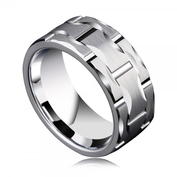 Tungsten Men's Silvery Ring in Wide Version Design to Combine Square and Round Polish and Fluted Craft