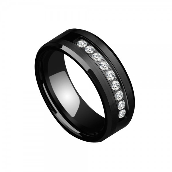 Tungsten Men's Black Ring Inlaid Nine Cubic Zirconia Vogue and Cool Style Polish and Inner Arc Craft