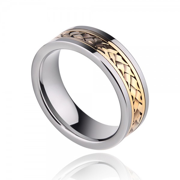Tungsten Men's Silvery Ring Inlaid 18K Gold Luxury Noble and Retro Style Braid Design