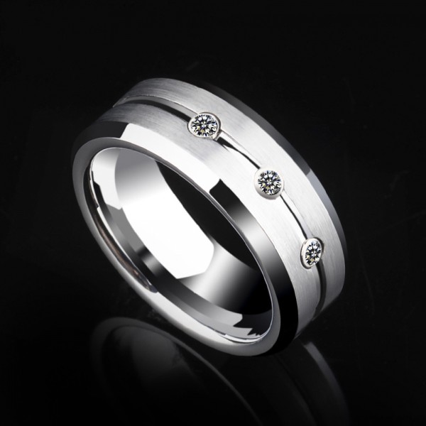 Tungsten Men's Silvery Ring Luxury and Vogue Style Inlaid High-quality Cubic Zirconia Polish and Brushed Craft