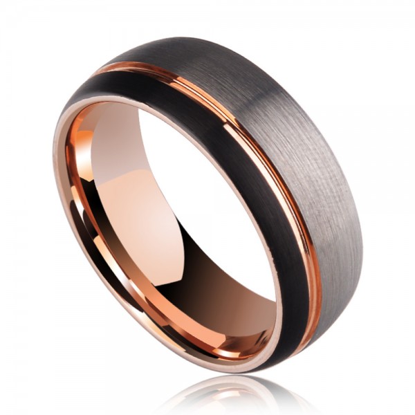 Tungsten Men's Ring Vogue and Magnificent Style Combination of Black Silvery and Rose Gold Brushed Craft