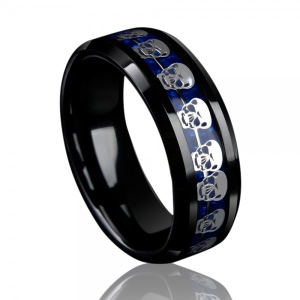 Tungsten Men's Ring Inlaid Carbon Fibre Skull Desing Punk Spirits Cool and Classic Style 