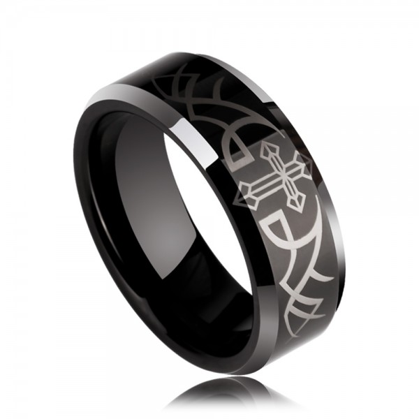 Tungsten Men's Black Ring Angel's Wing Pattern Simple and Vogue Style Polish Craft