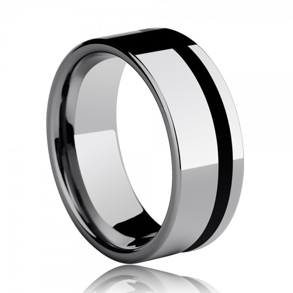 Tungsten Men'sRing in Wide Version Accessorized Black Stripe Simple and Vogue Style Polish Craft