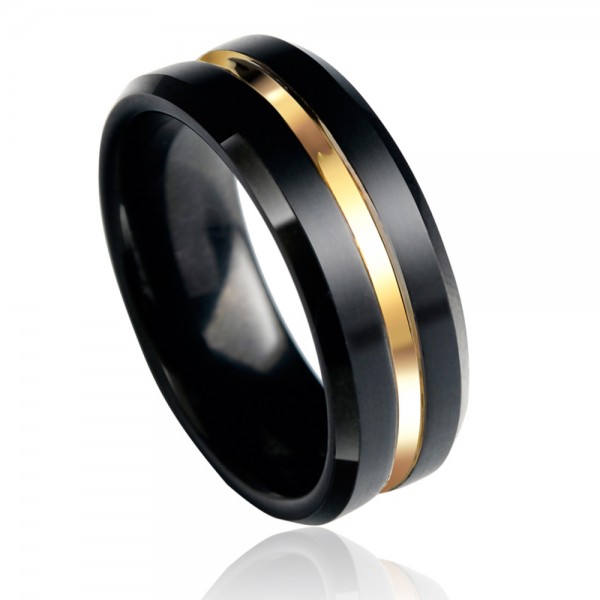 Tungsten Men's Black Ring Electroplating Gold Vogue and Magnificent Style Fluted Craft
