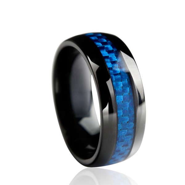 Tungsten Men's Saphire and Black Ring Inlaid Cardon Fibre Royal and Retro Style Polish Craft 