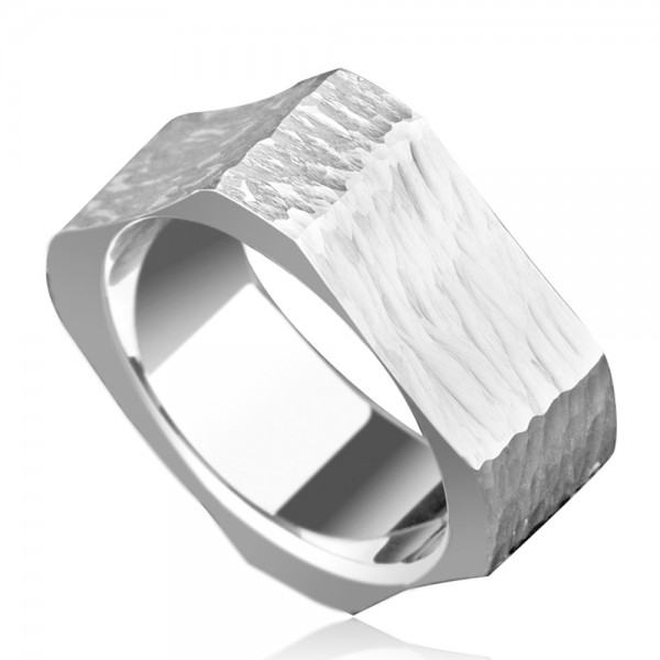 Tungsten Men's Silvery Ring Square and Round Design Personality Cool and Fashion Hammer Texture Craft  