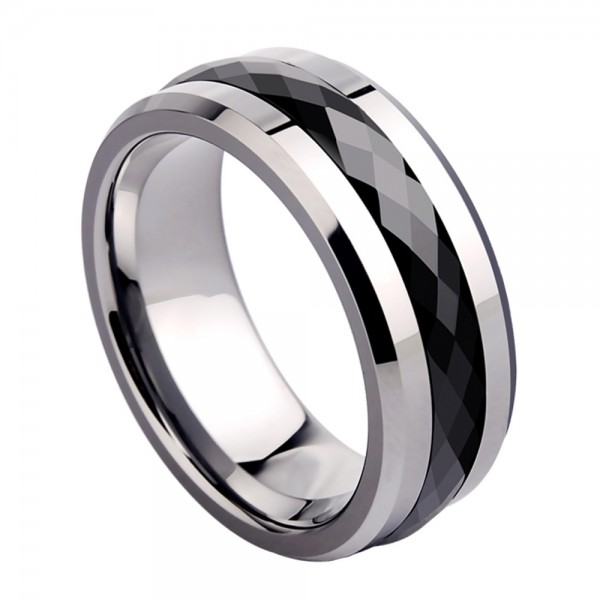 Black Tungsten Men's Ring Inlaid Ceramic Geometric Cutting Surface Cool and Fortitude Style