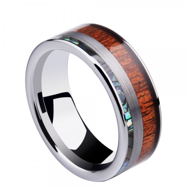 Tungsten Men's Ring Inlaid Acacia and Shell Elegant and Fashion Style Polish and Inner Arc Design