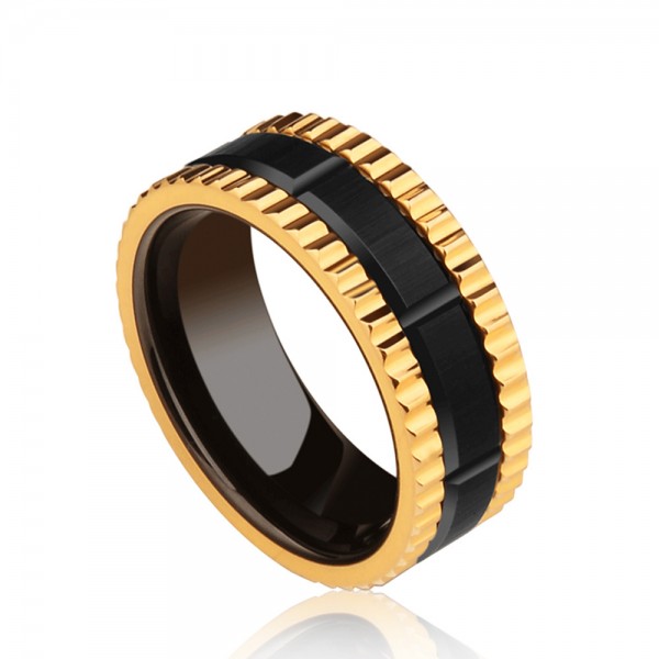 Tungsten Men's Black and Golden Ring Wheel Design Fashion and Highlight Personality Electroplating Craft