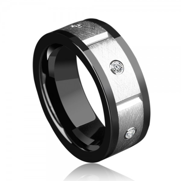 Tungsten Men's Silvery Ring Inlaid Cubic Zirconia Fashion and Liberality Style Sanding and Fluted Craft