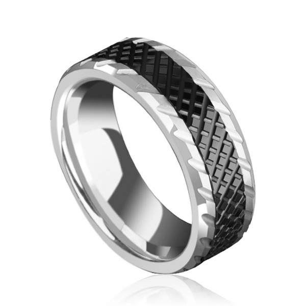Tungsten Men's Black Ring Vogue and Fortitude Style Geometric Cutting Surface Fluted Craft