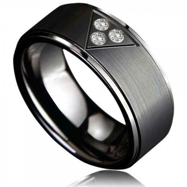 Tungsten Men's Black Ring Triangle Pattern Design Inlaid Cubic Zirconia Fashion and Cool Style Dull Polish Craft