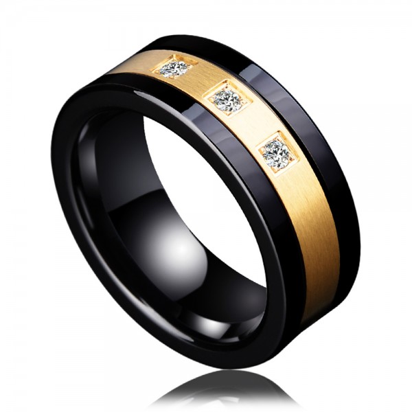 Tungsten Men's Black Ring Inlaid Ceramic and Cubic Zirconia Eletroplating 18K Gold Luxury and Deep Style Polish and Inner Arc Design
