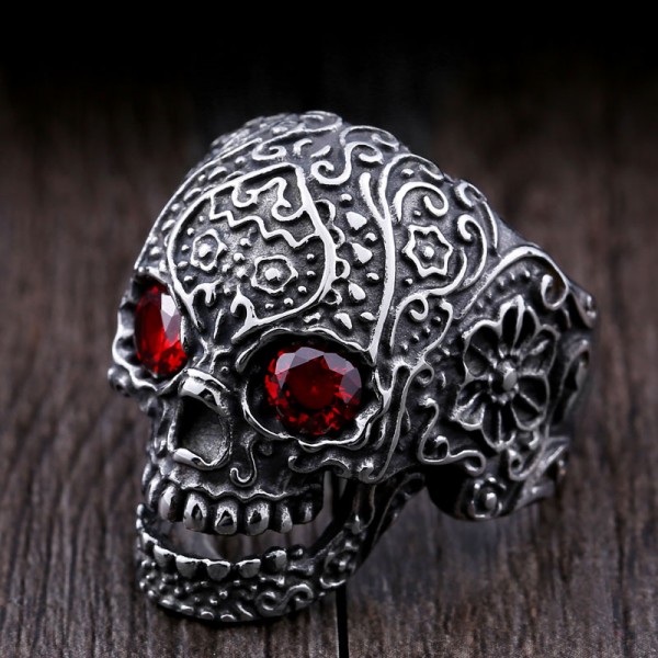 Titanium steel inlaid zircon carved skull ring