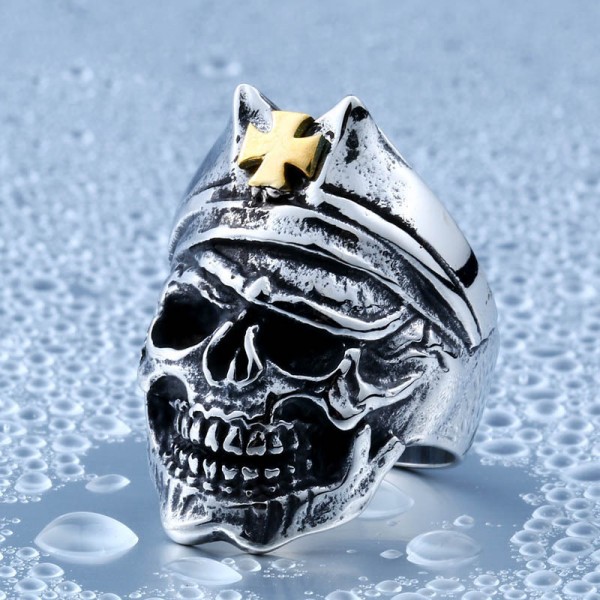 Titanium steel gold cross skull ring