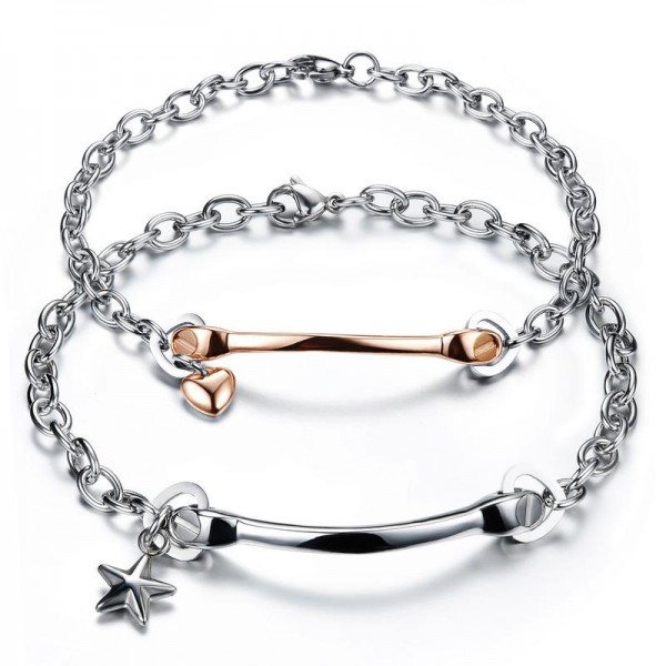 Star&Heart Simple Style Lovers Bracelets Titanium Steel Plated Rose Gold Bracelet Set