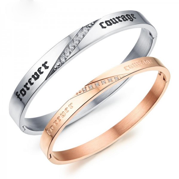 Simple Opening Stlye Fashion "Forever Courage" Titanium Steel Plated Rose Gold Inlaid Cubic Zirconia Lovers Bracelets