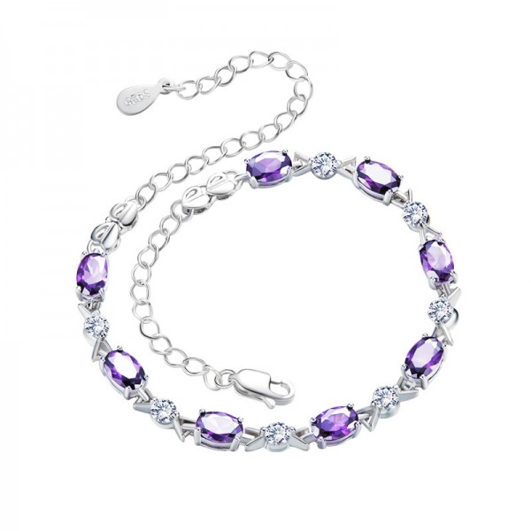 Charming S925 Sterling Silver Inlaid Cubic Zirconia Amethyst Bracelet