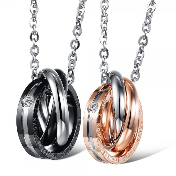 Blacl & Rose Gold 3A Zircon Titanium steel Couples Necklace Valentine'S Day Gift