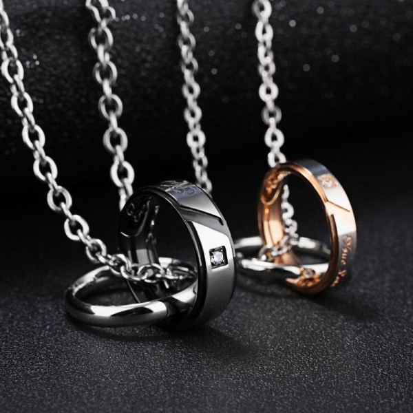 3A Zircon Titanium steel Double Rings Couples Necklace Valentine'S Day Gift
