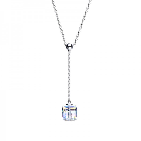 S925 Sterling Silver Aurora Cube Sugar Crystal Necklace Clavicle Chain 