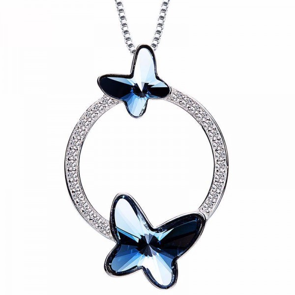 Fashionable Blue Round Butterfly Necklace