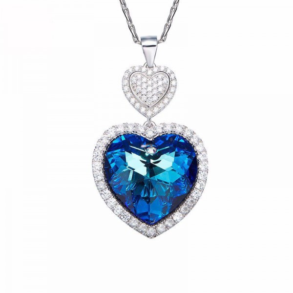 S925 Sterling Silver Necklace Female Simple Double Heart Blue Light Ring