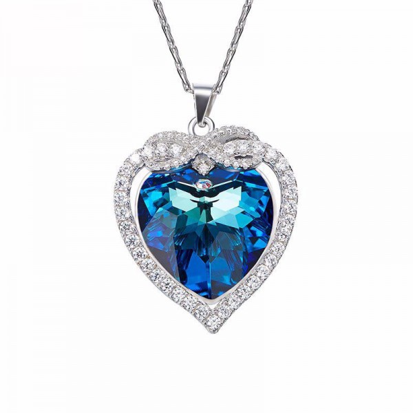 S925 Silver Austria Crystal Blue Ocean Heart Pendant