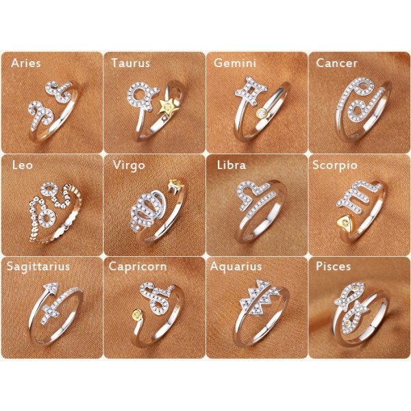 925 Sterling Silver 12 Constellations Opening Adjustable Rings
